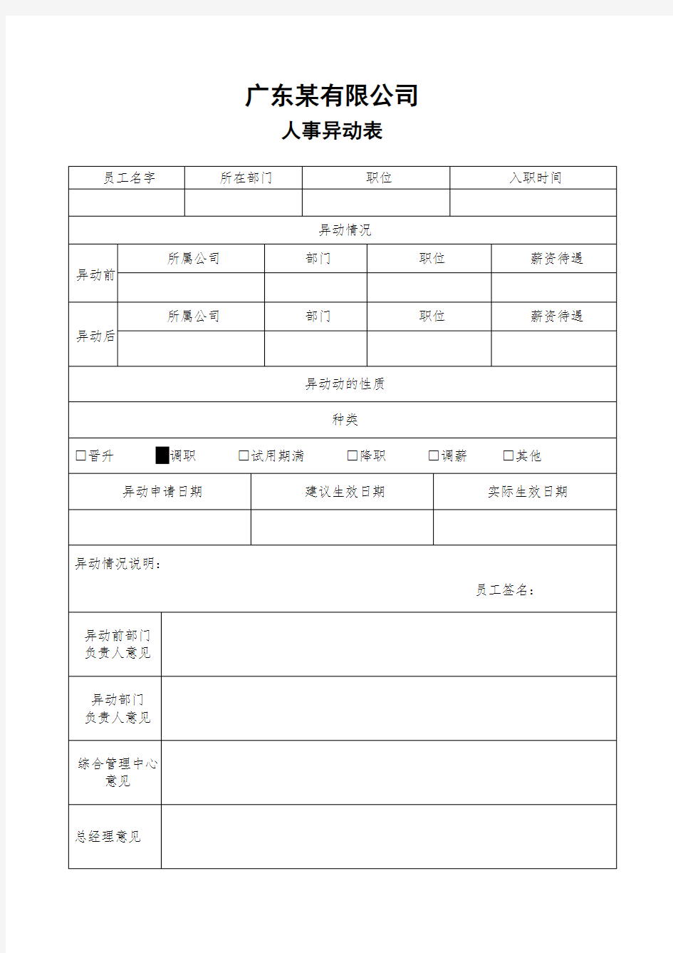 人事异动表(范本)