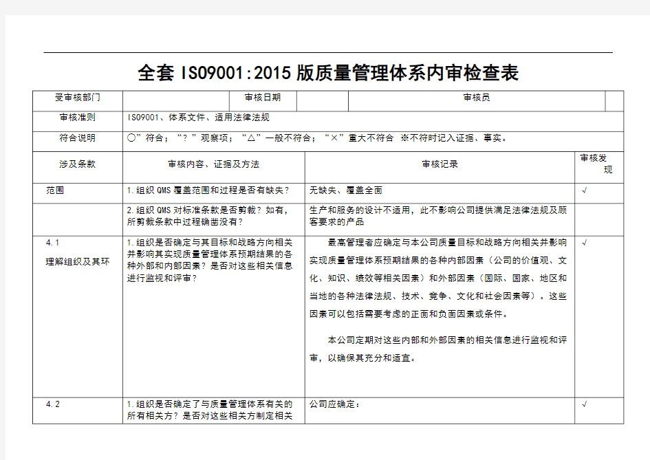 全套ISO9001：2015质量管理体系内审检查表