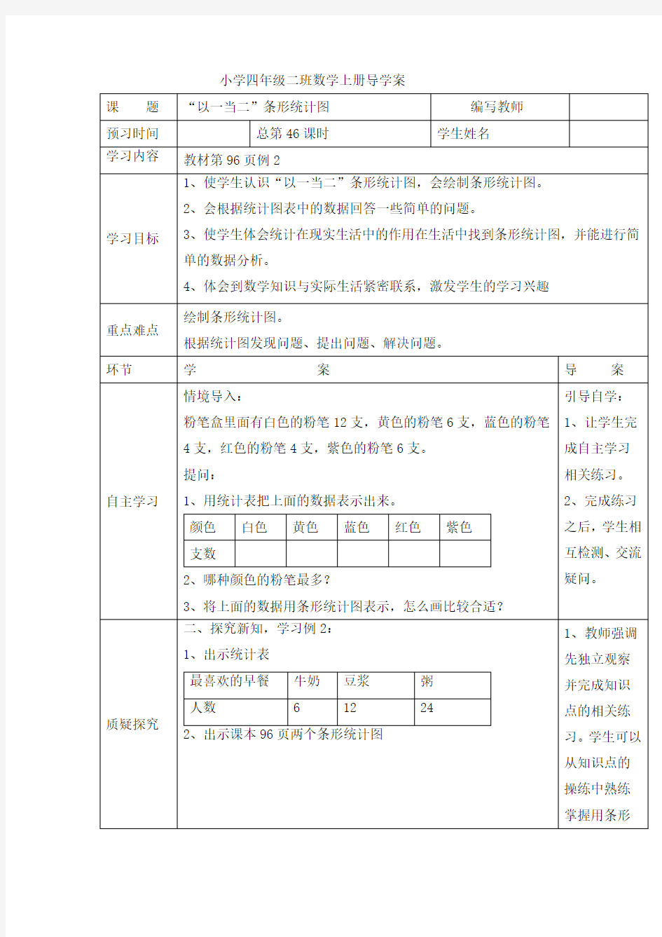 (公开课教案)四年级上册数学“以一当二”条形统计图教学设计