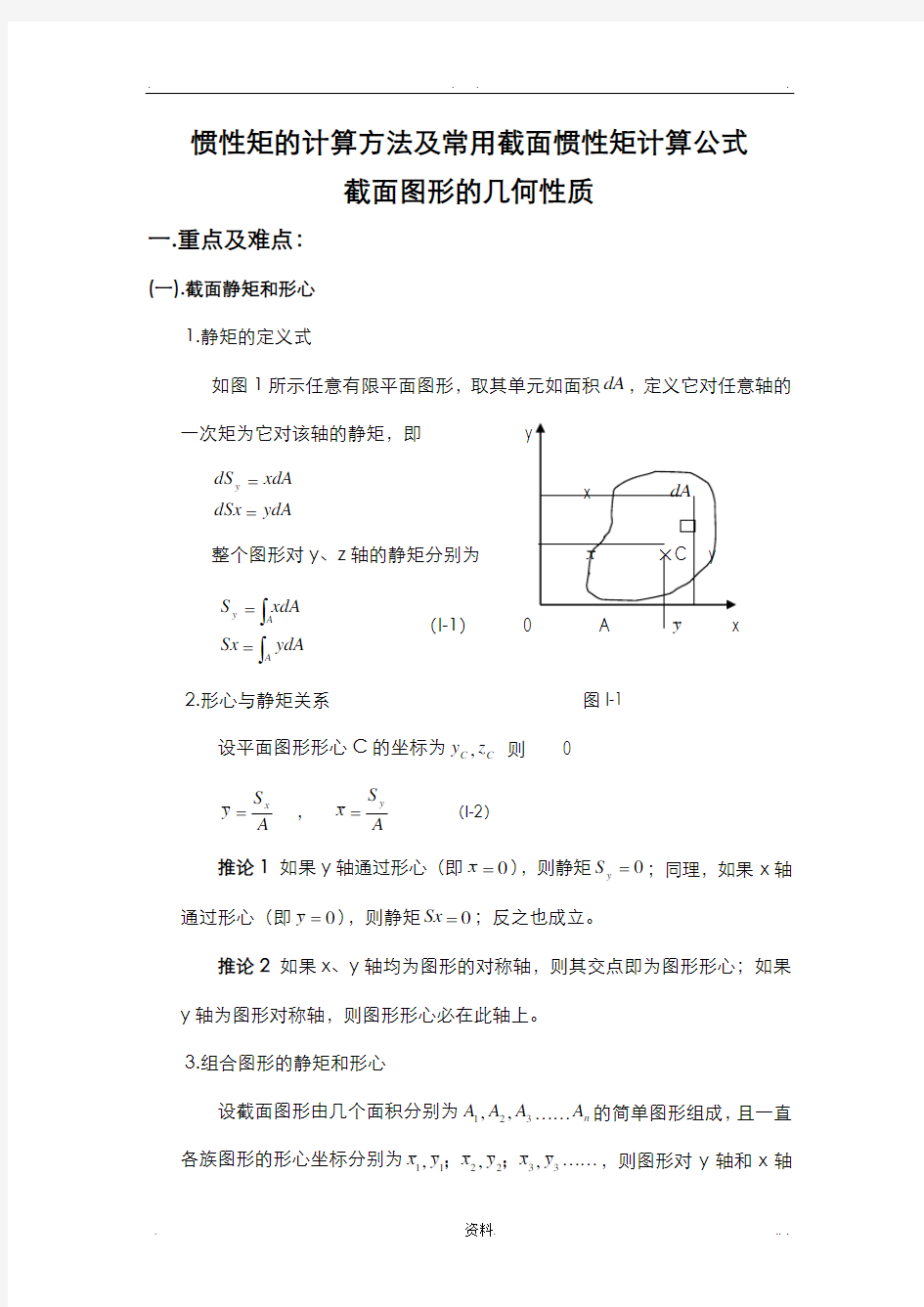 惯性矩的计算方法及常用截面惯性矩计算公式