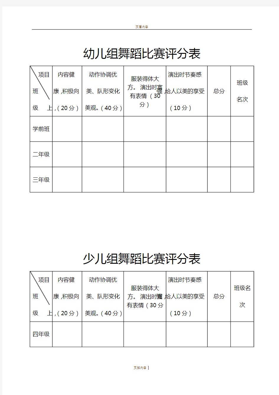 幼儿组舞蹈比赛评分表