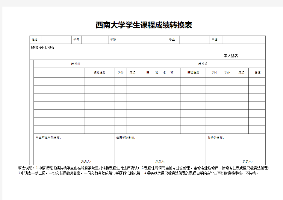 西南大学学生课程成绩转换表