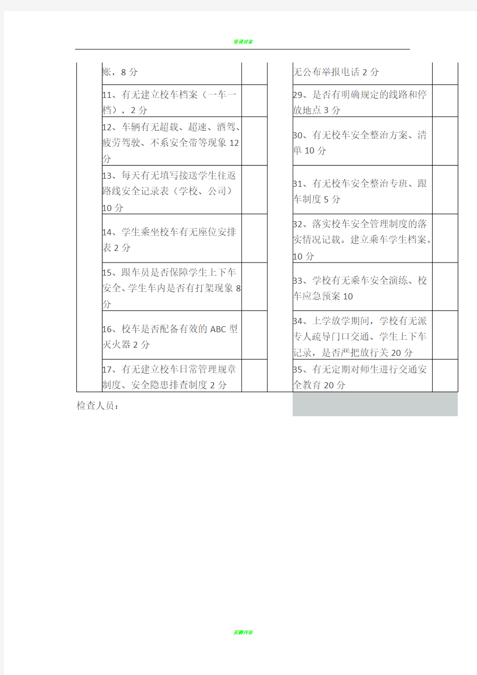 幼儿园校车安全检查表