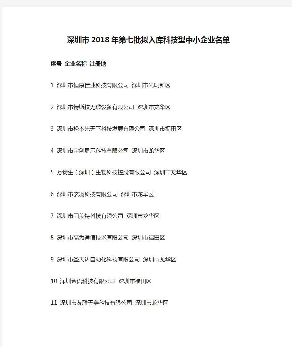 深圳市2018年第七批拟入库科技型中小企业名单
