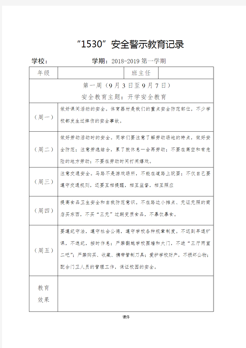 归纳小学1530安全教育记录表格式.doc