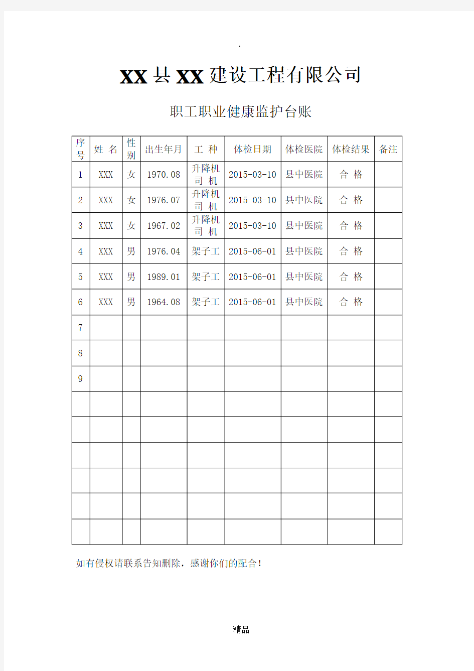 职工职业健康监护台账