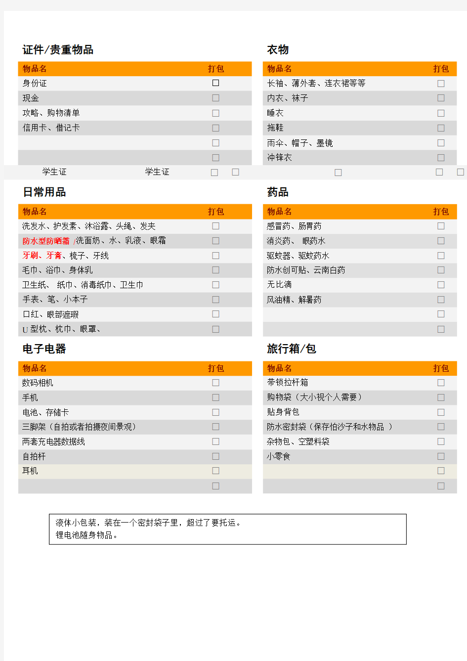 旅游必备物品清单 国内