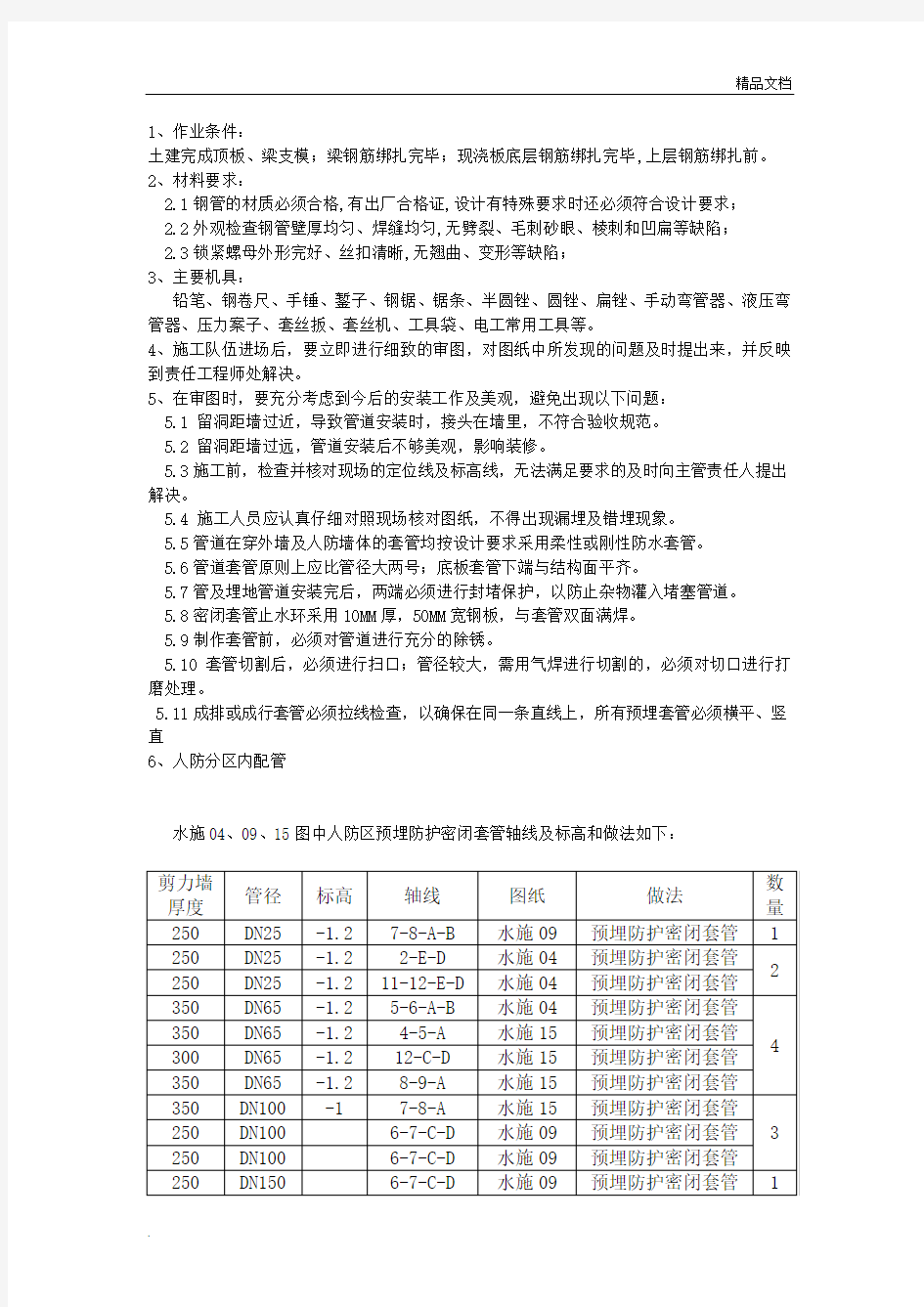 人防防护密闭套管技术交底