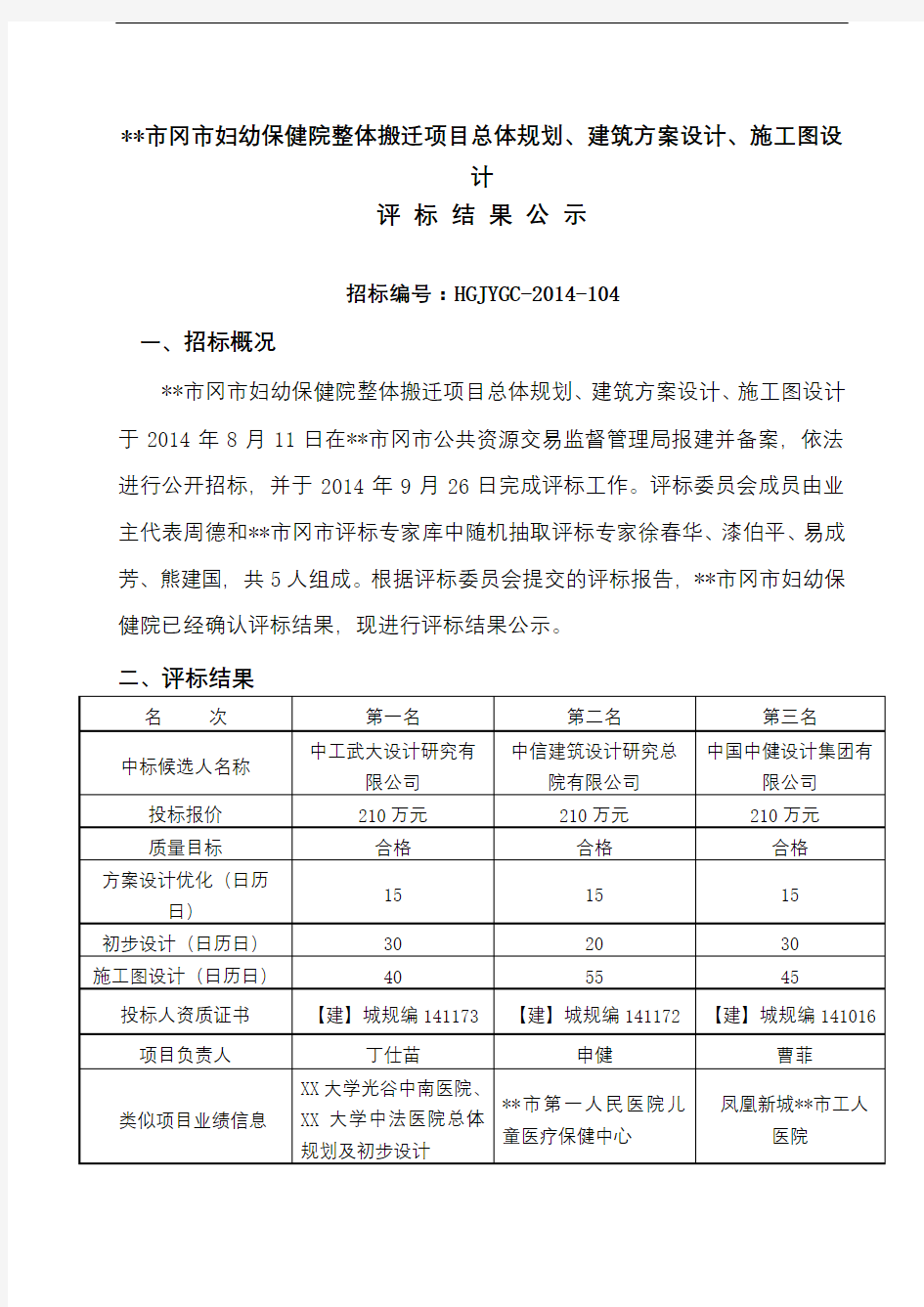 市冈市妇幼保健院整体搬迁项目总体规划、建筑方案设计、施工图设计评标结果公示【模板】