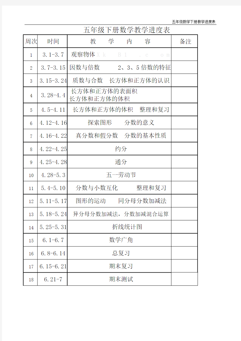 (完整)新版人教版五年级下册数学教学进度表