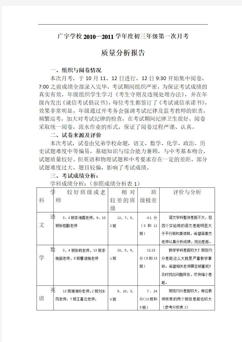 第一次月考质量分析报告