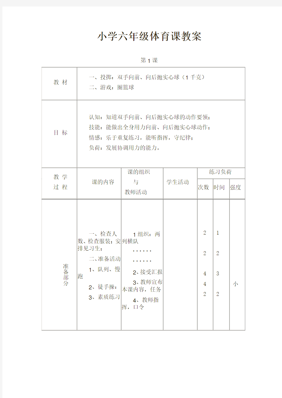 小学六年级体育课教案