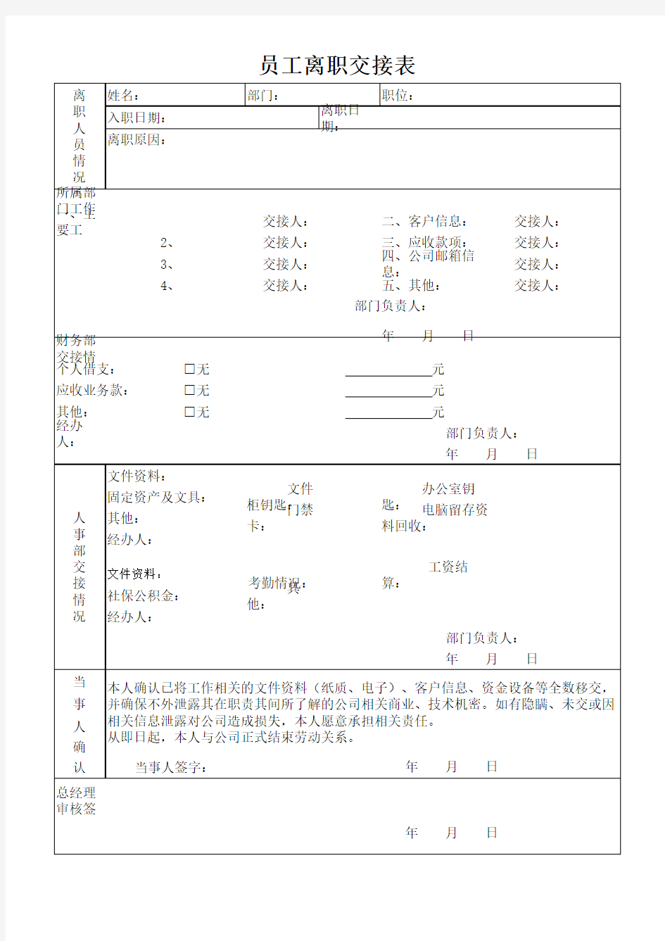 员工离职交接表