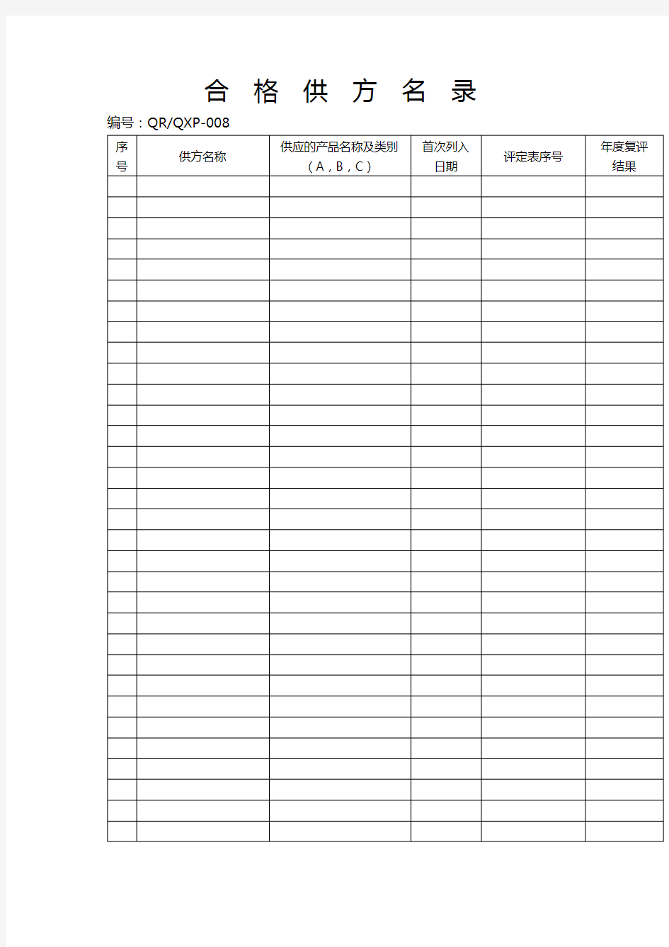 合格供方名录格式