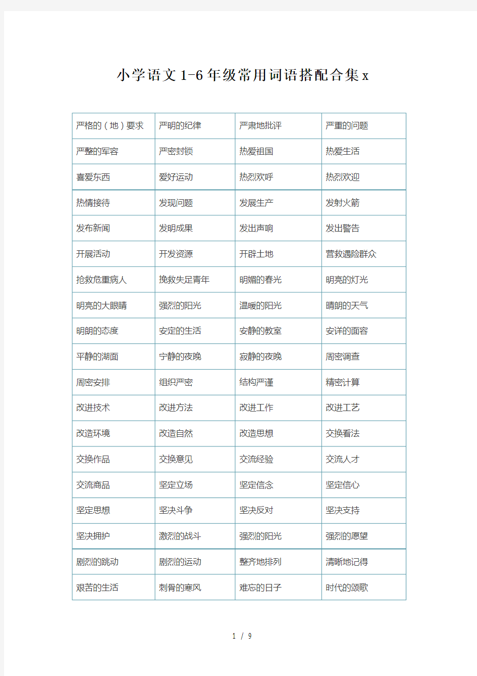 小学语文1-6年级常用词语搭配合集