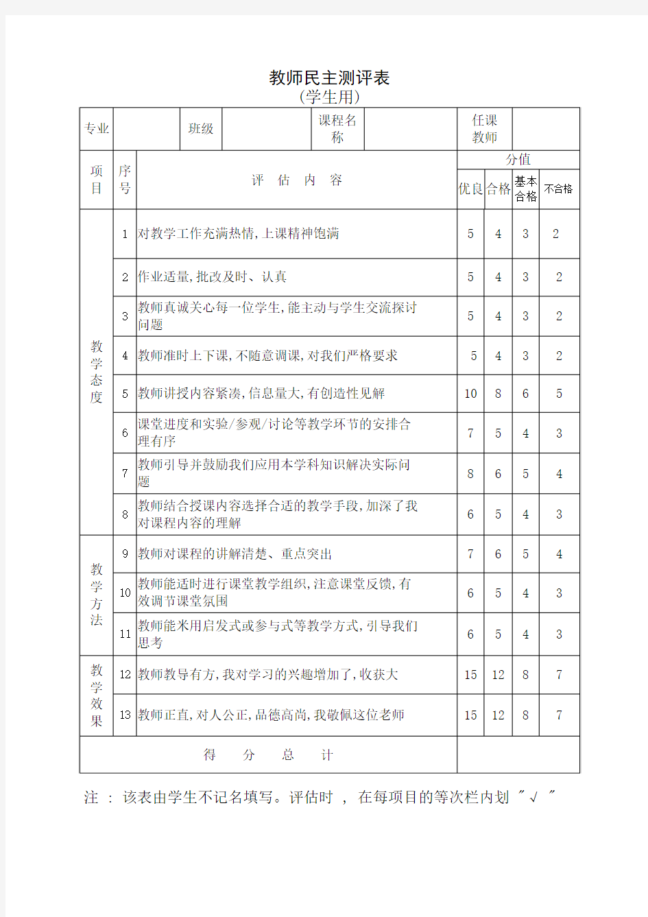 教师民主测评表