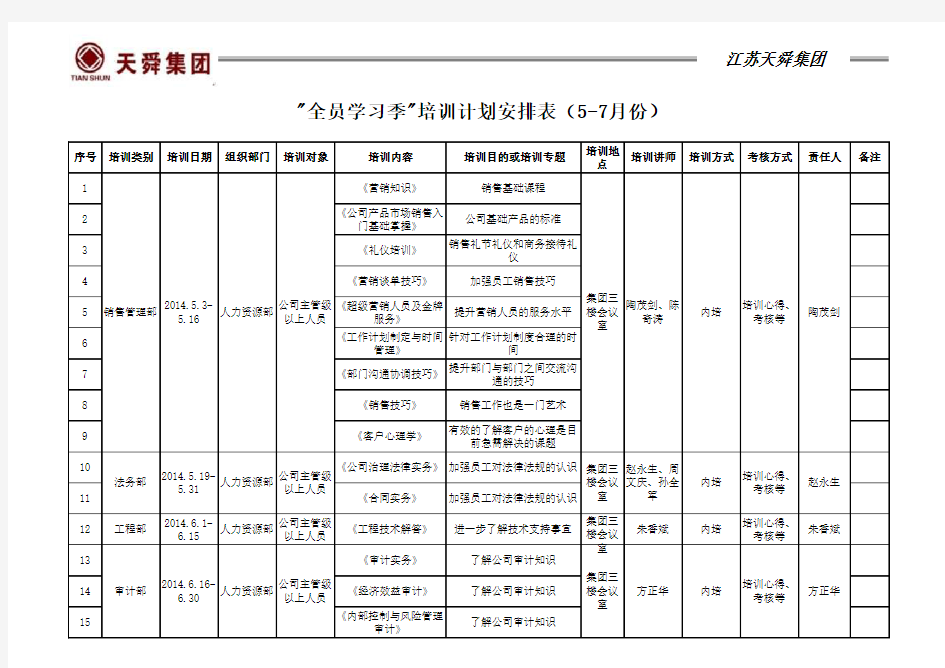 全员学习季培训计划安排表