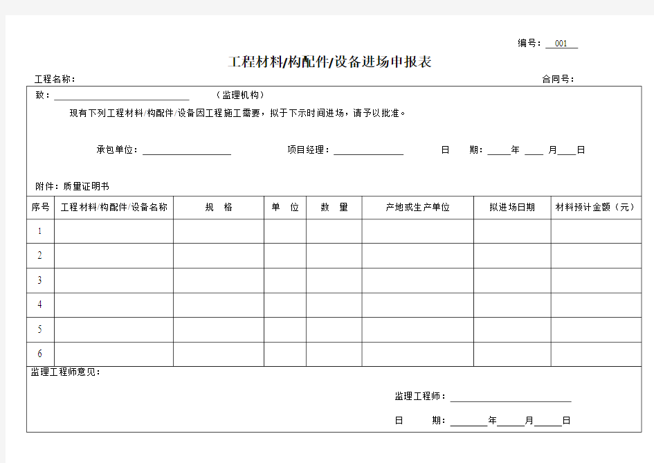 工程材料进场申报表