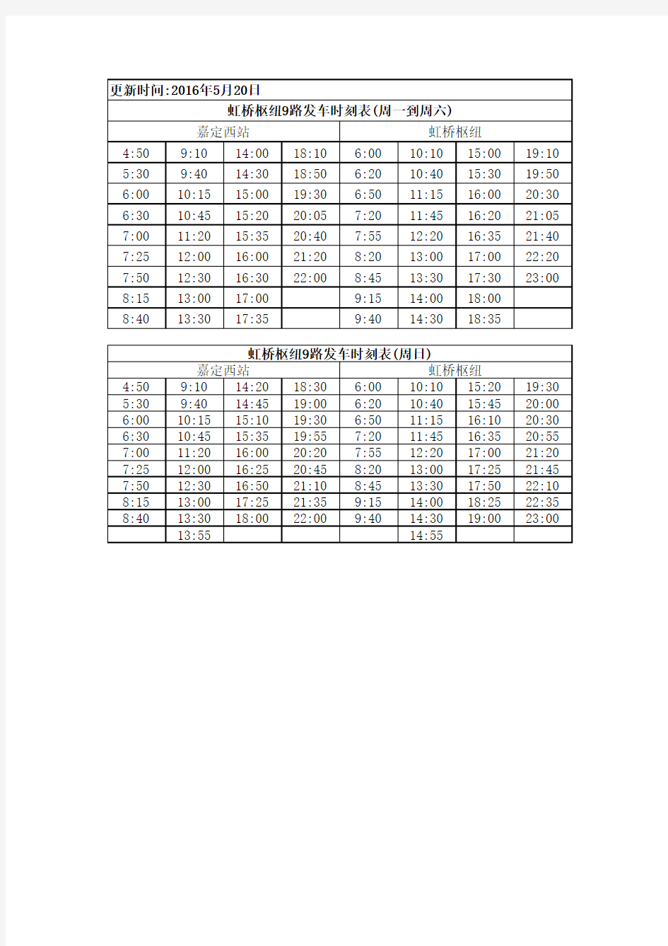 2016年5月20日最新嘉定虹桥9路时刻表