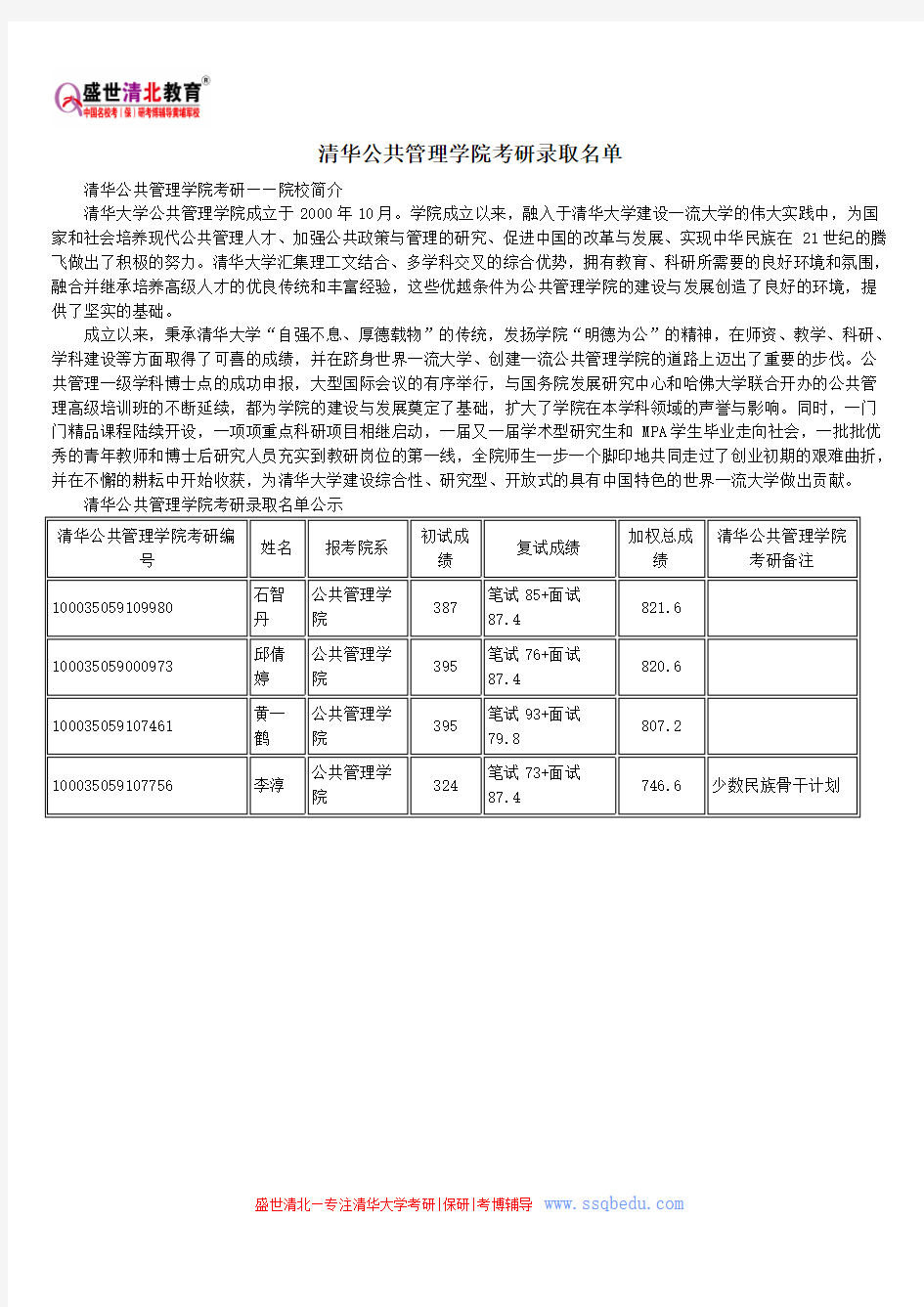 清华公共管理学院考研录取名单