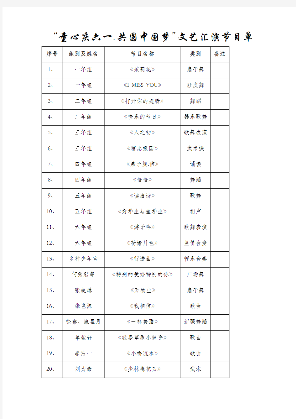 儿童节文艺汇演节目单