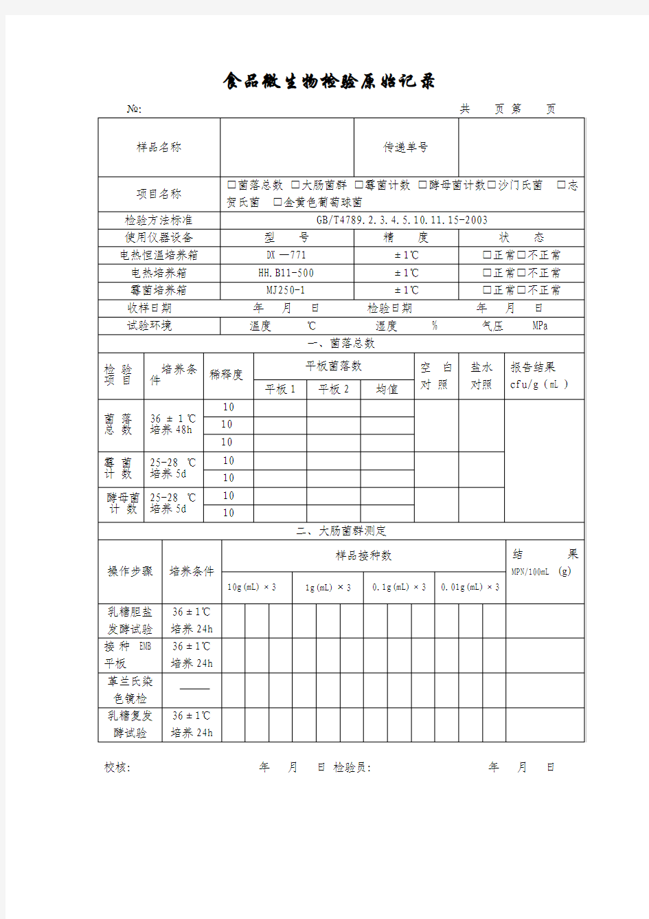 大肠菌群原始记录