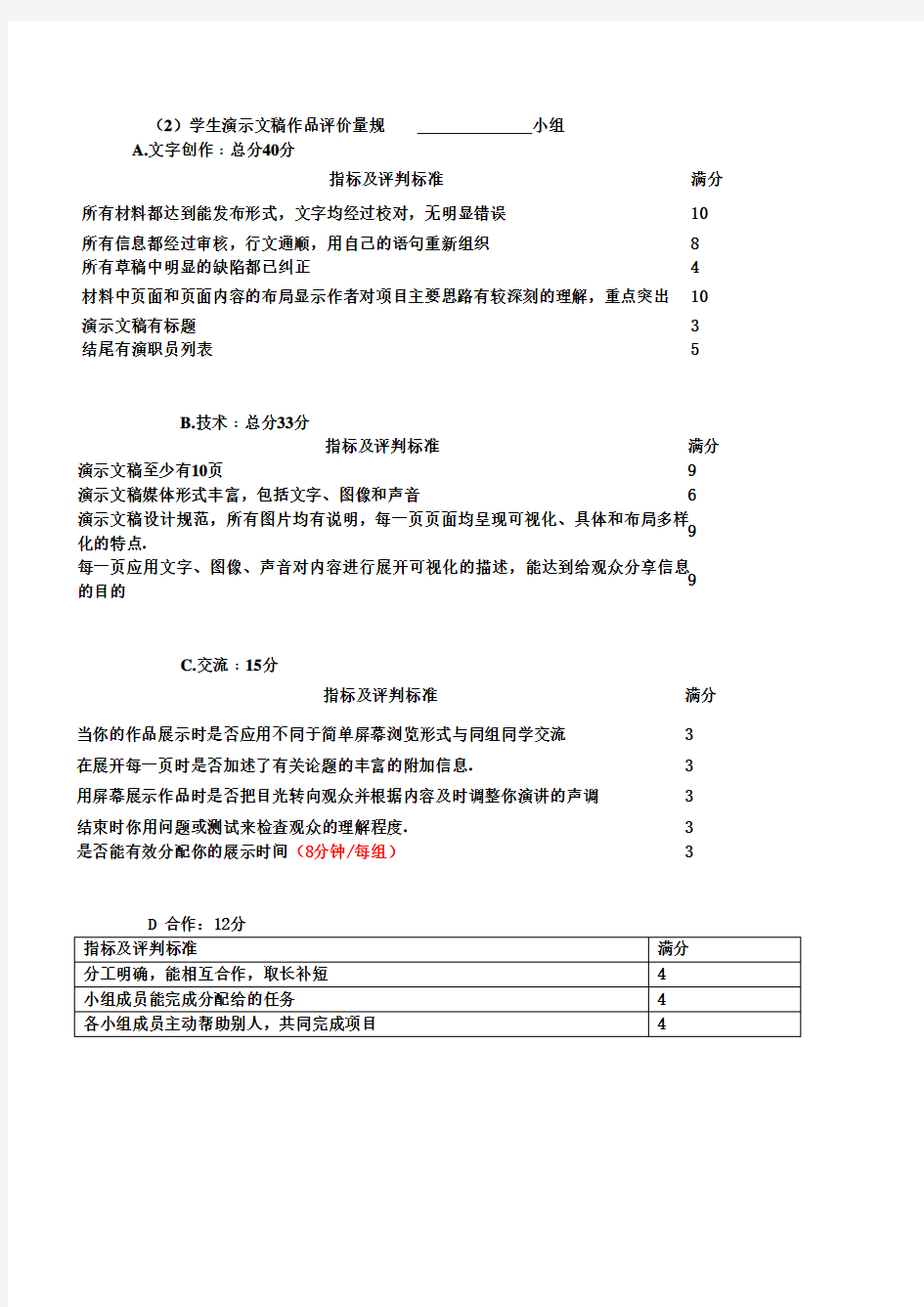 多媒体作品评价量规表