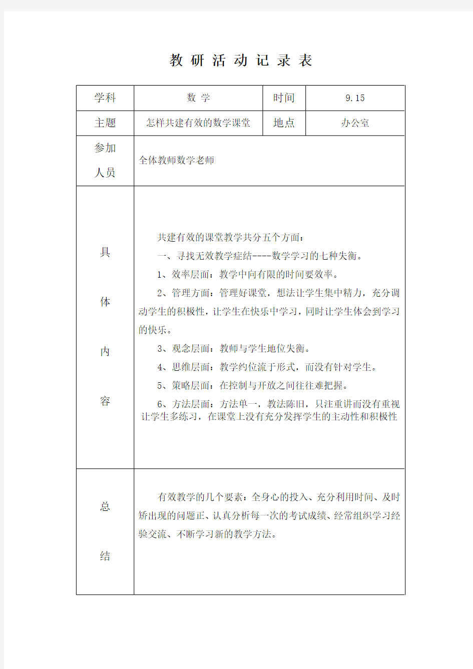 小学数学教研活动记录表