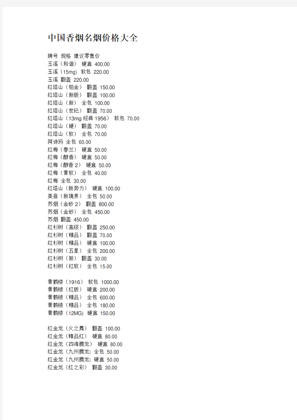 中国香烟名烟价格大全