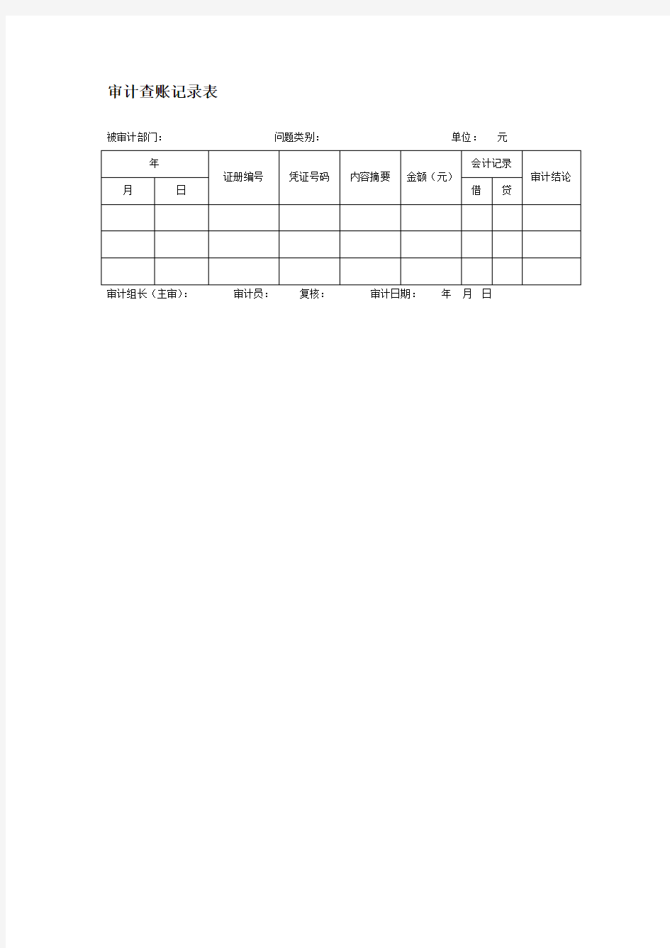 审计查账记录表格式模板