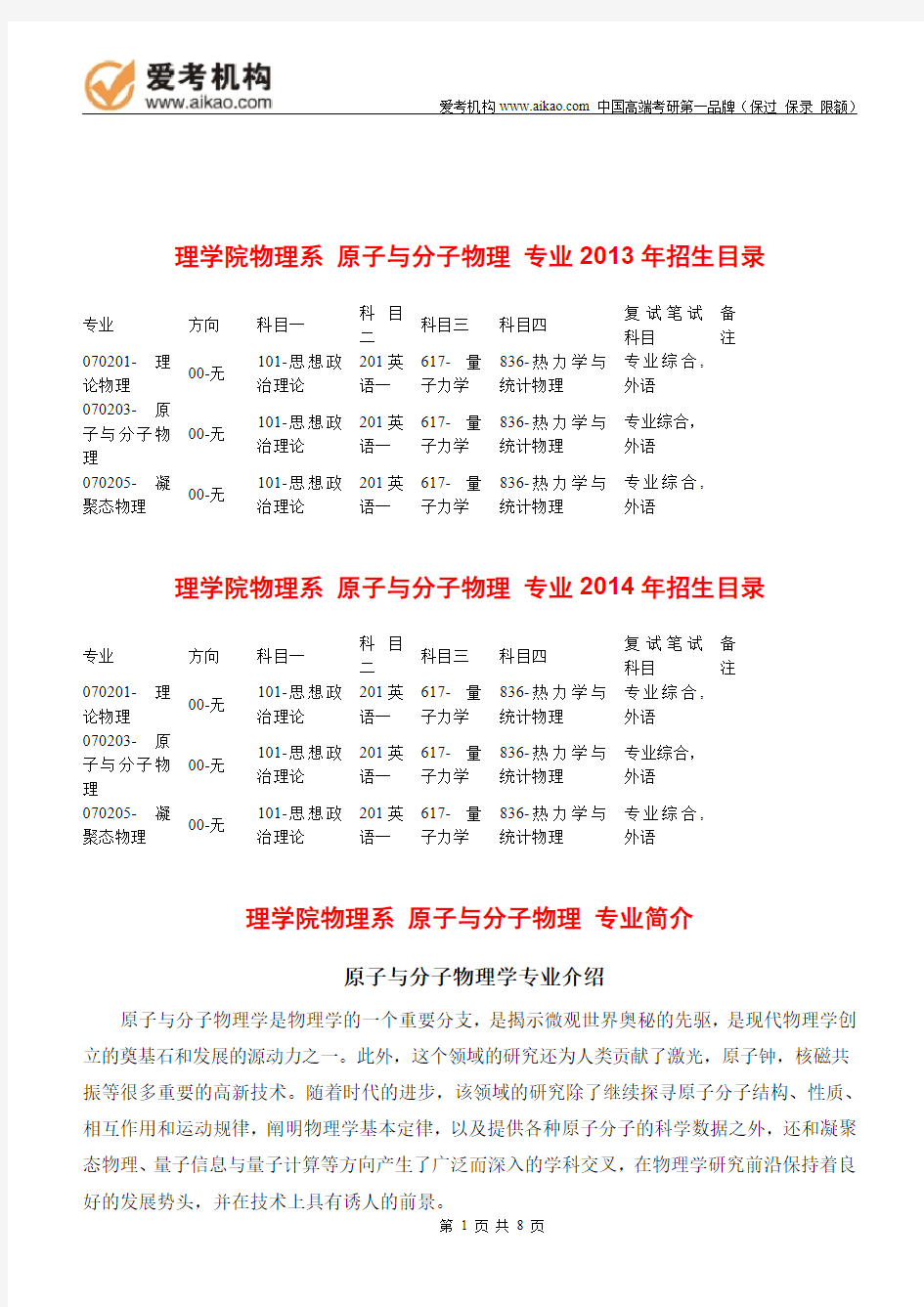 2015中国人民大学原子与分子物理 考研 招生人数 参考书 报录比 复试分数线 考研真题 考研经验 招生简章