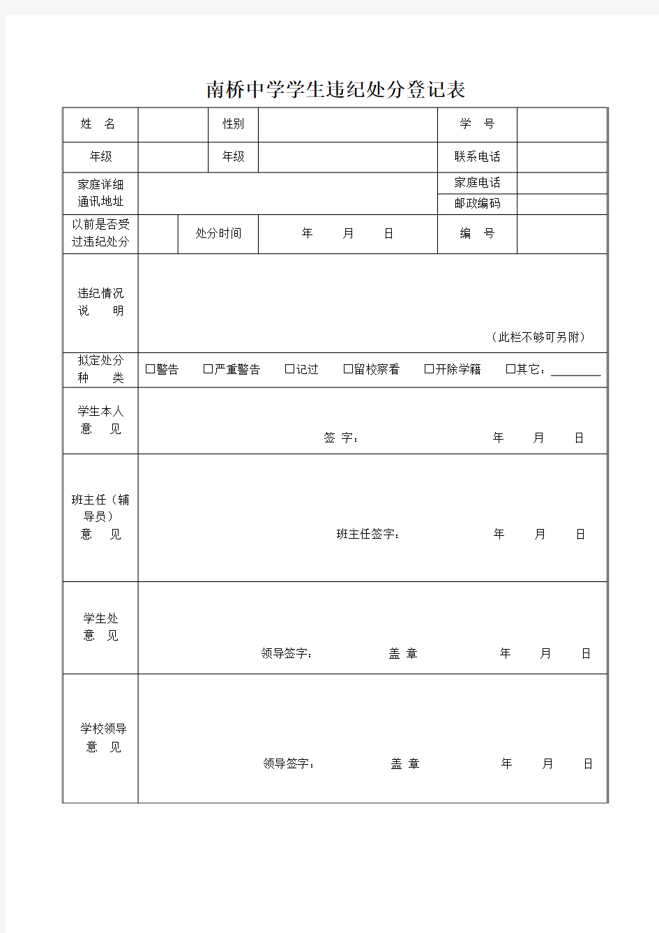 学生违纪处分登记表