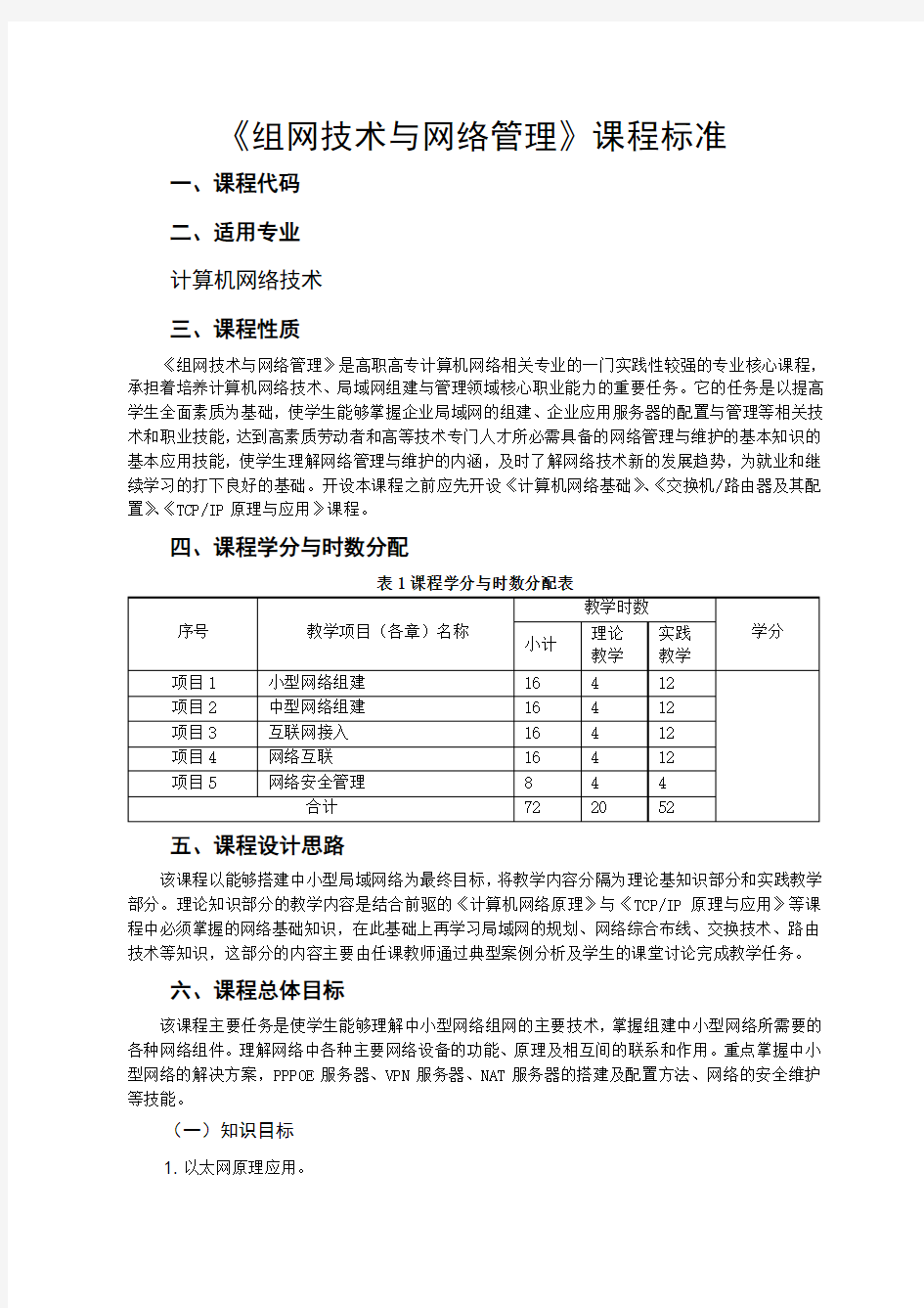 课程标准--《组网技术与网络管理》