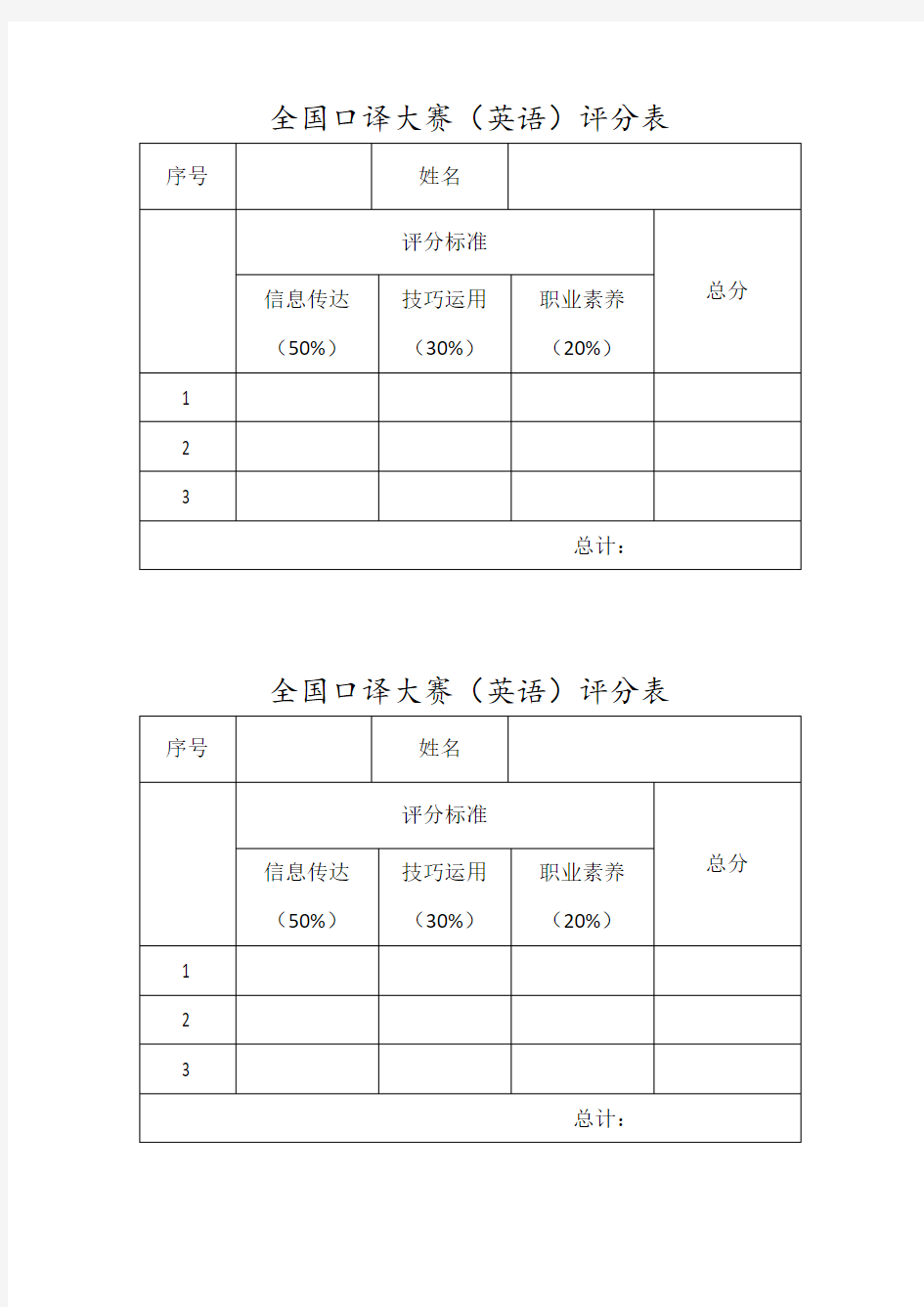 全国口译大赛(英语)评分表