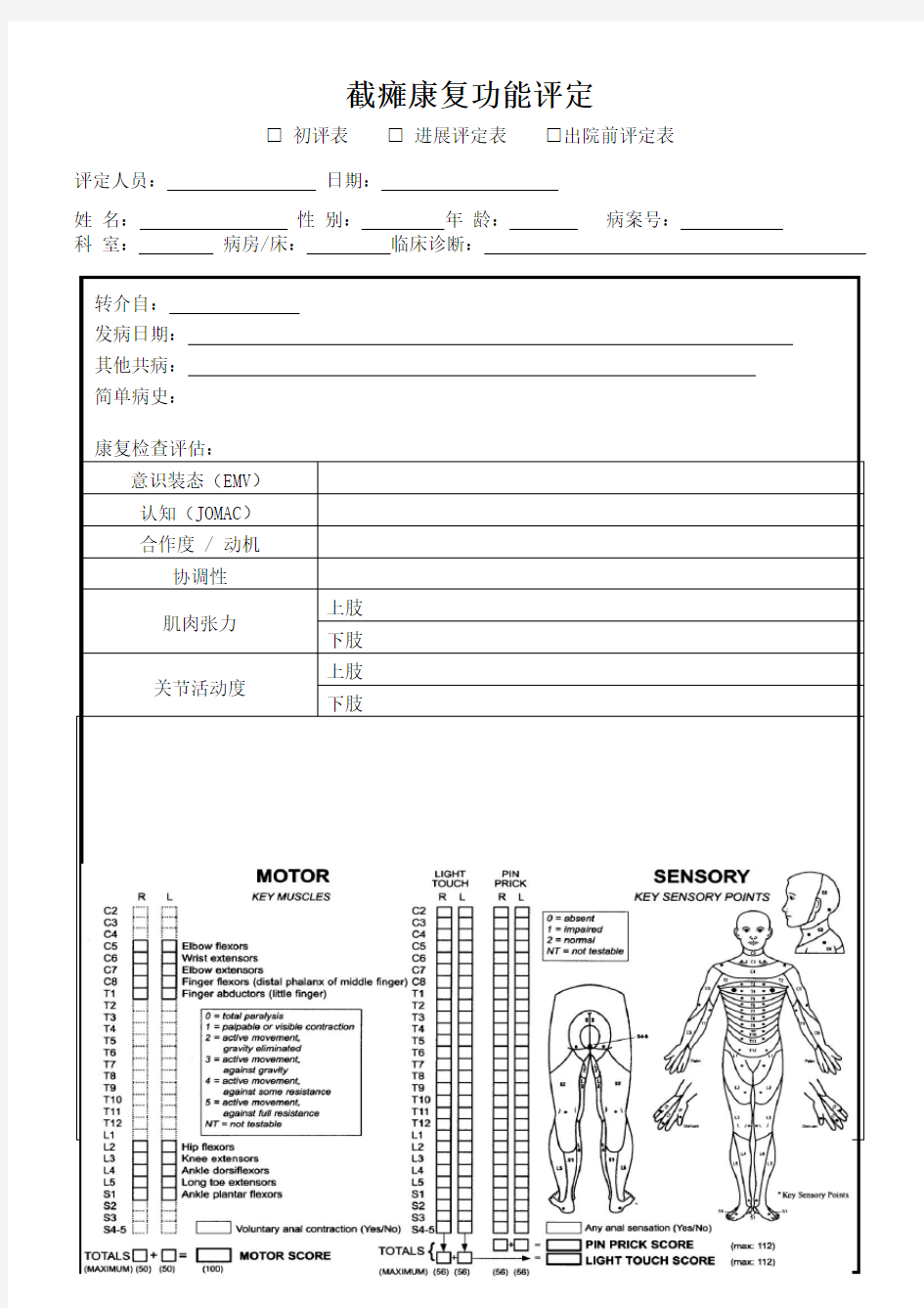 截瘫康复功能综合评定表