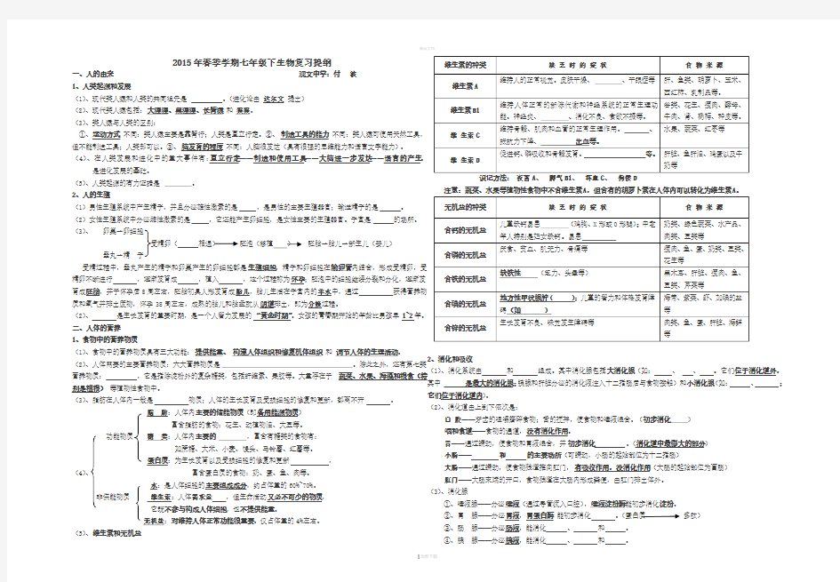 新人教版生物七年级下册知识点填空题