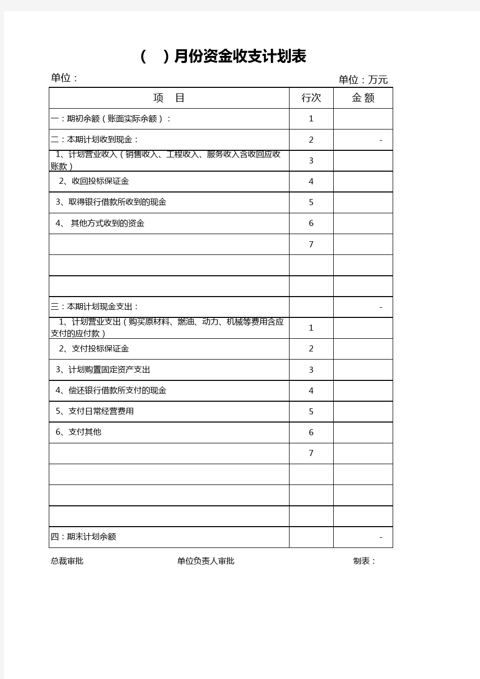 资金收支计划表excel模板