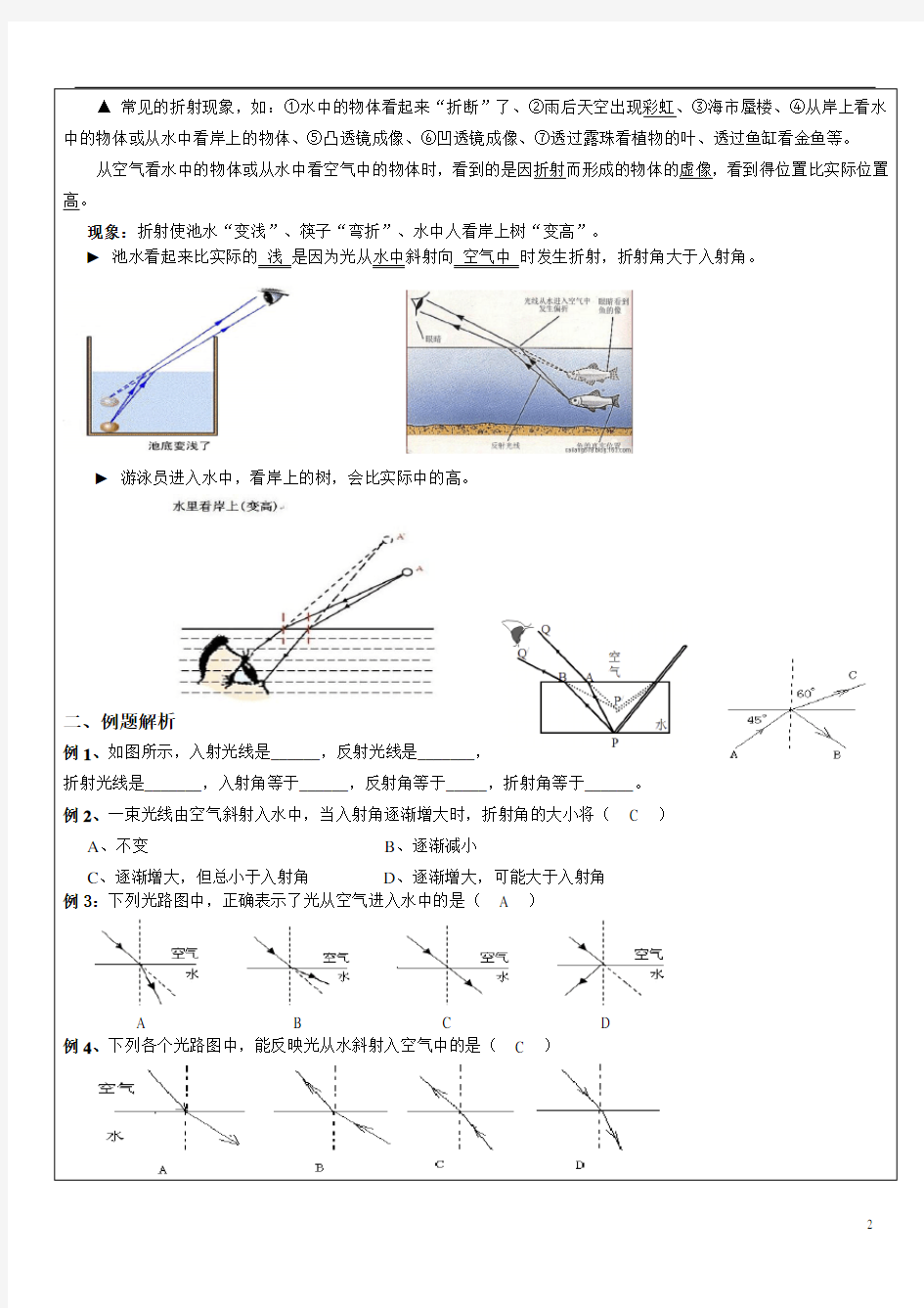 初二物理光的折射专题讲义