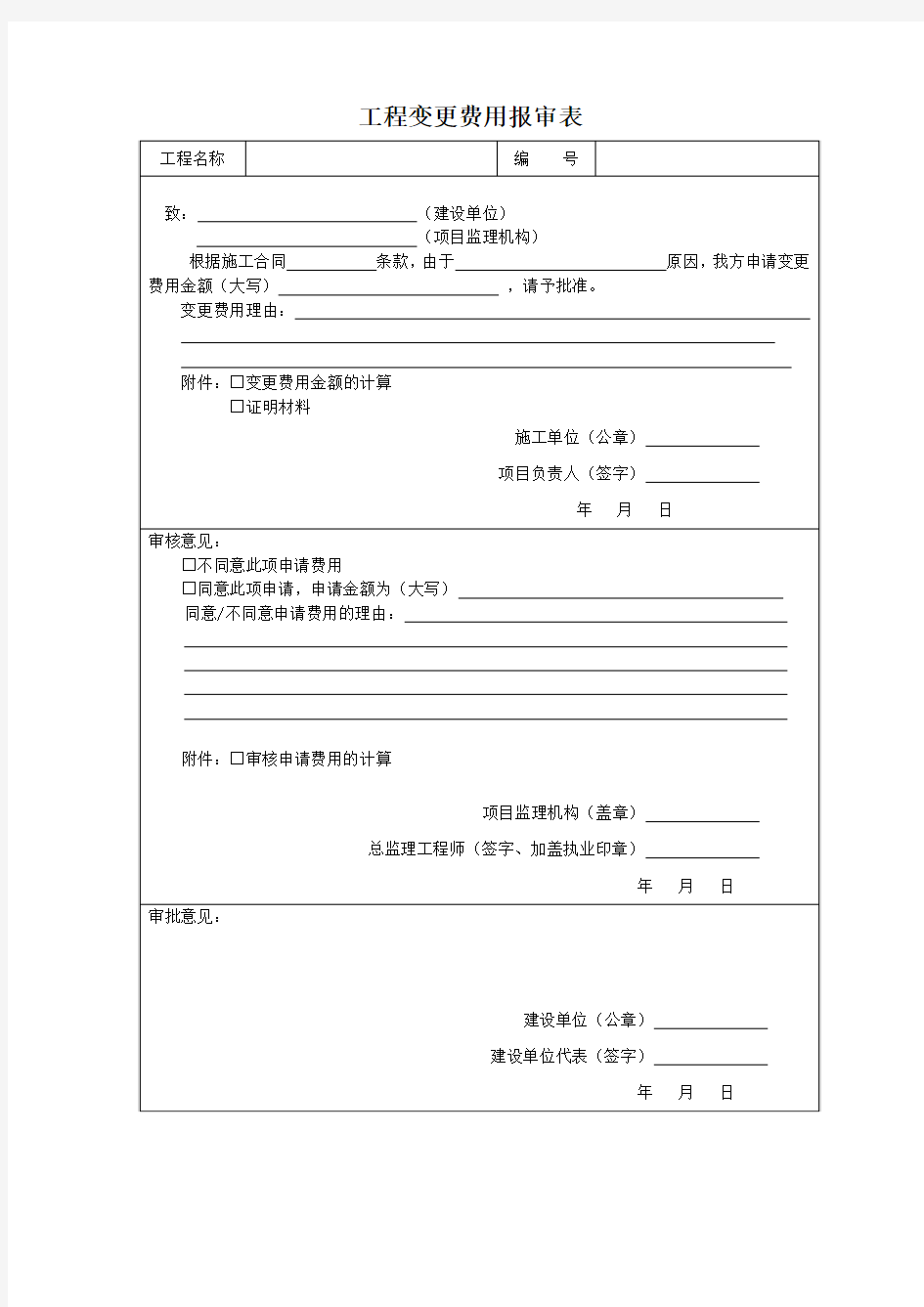 【工程表格模板】工程变更费用报审表