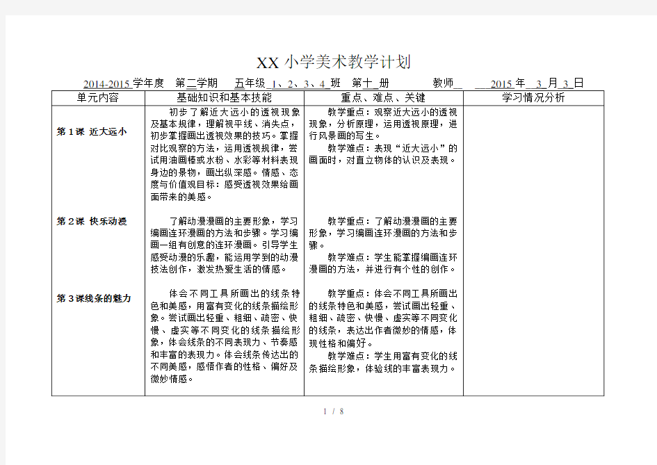 苏教版2015五年级下美术教学计划