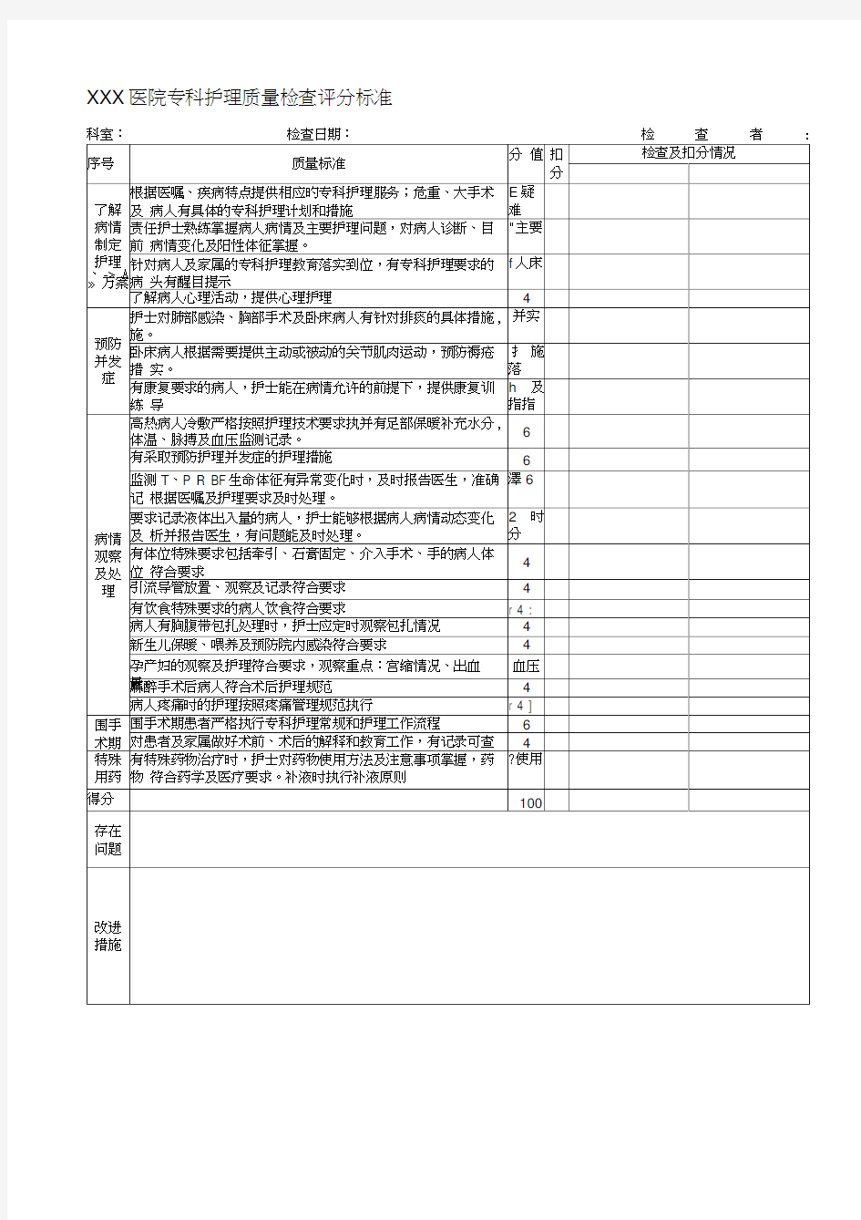 专科护理质量检查评分标准