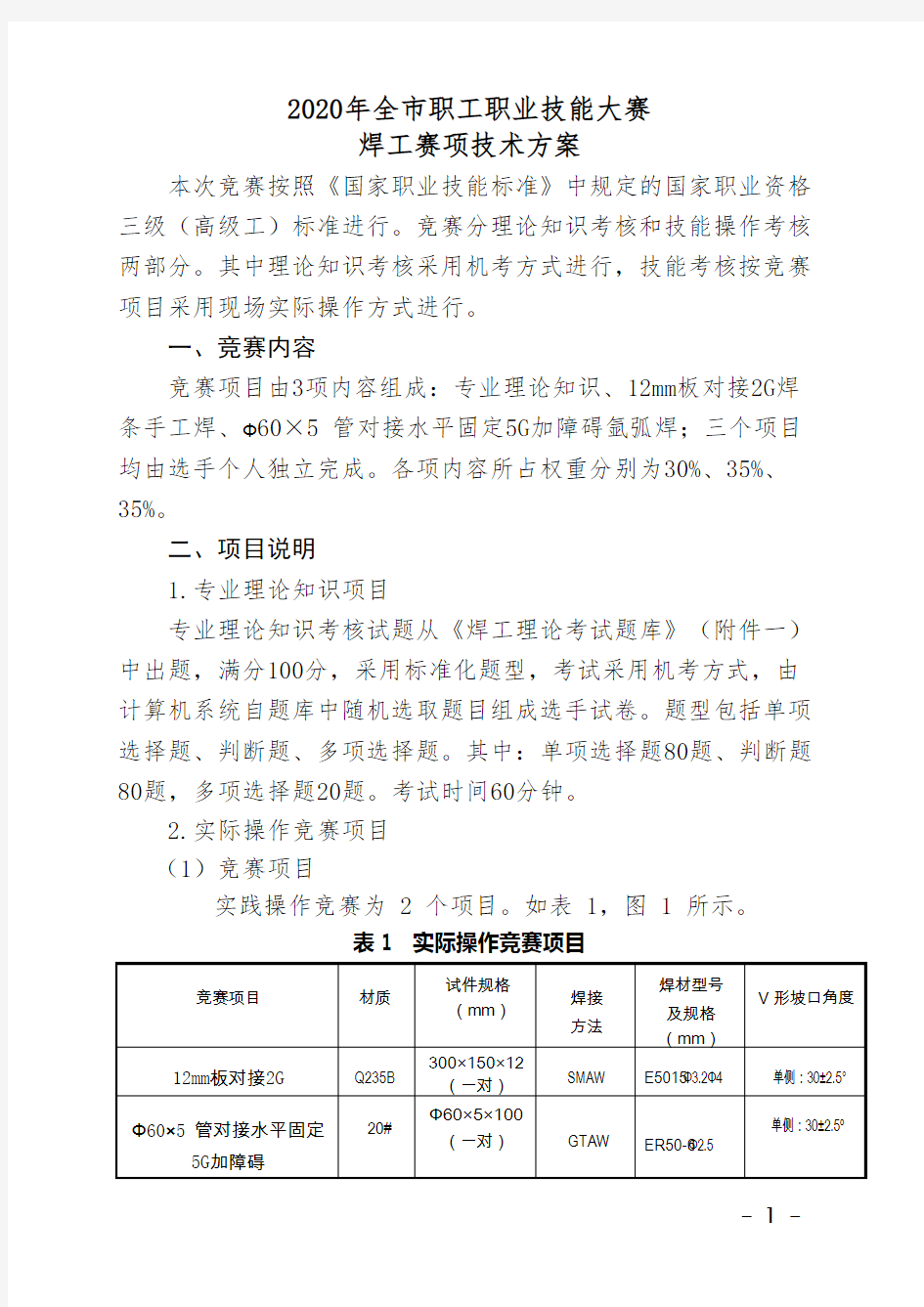 2020全市职工职业技能大赛焊工赛项技术方案