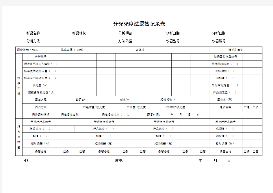 最新分光光度法原始记录表