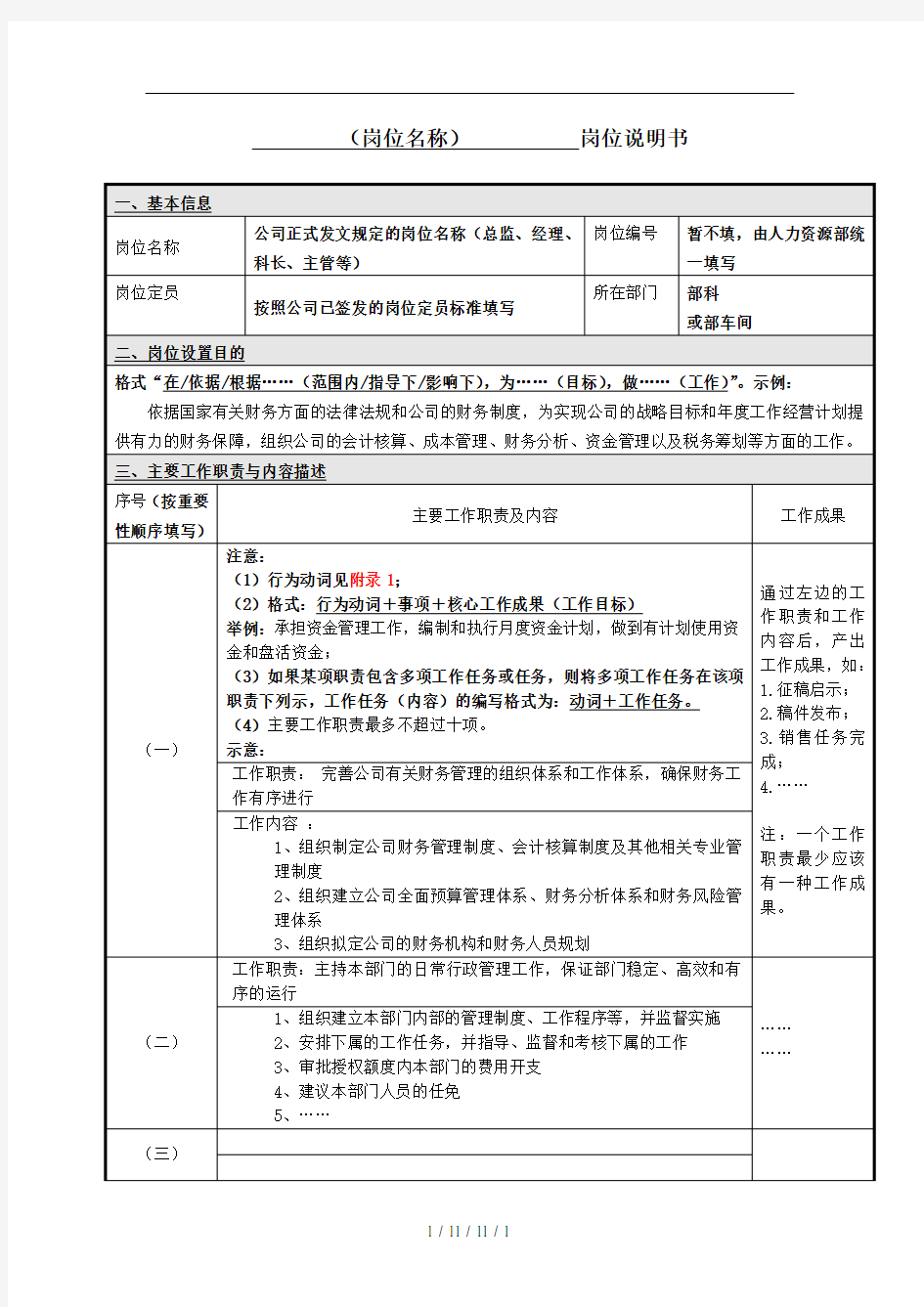 岗位说明书模版和填写说明——模板