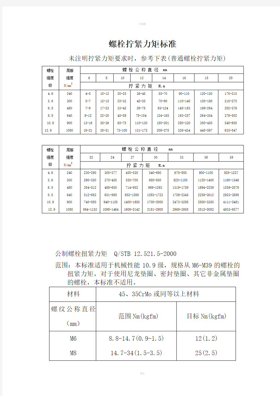 螺栓拧紧力矩标准-全