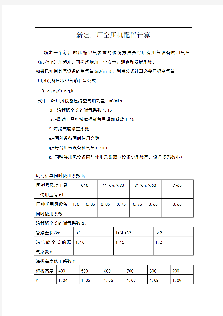 新建工厂空压机配置计算