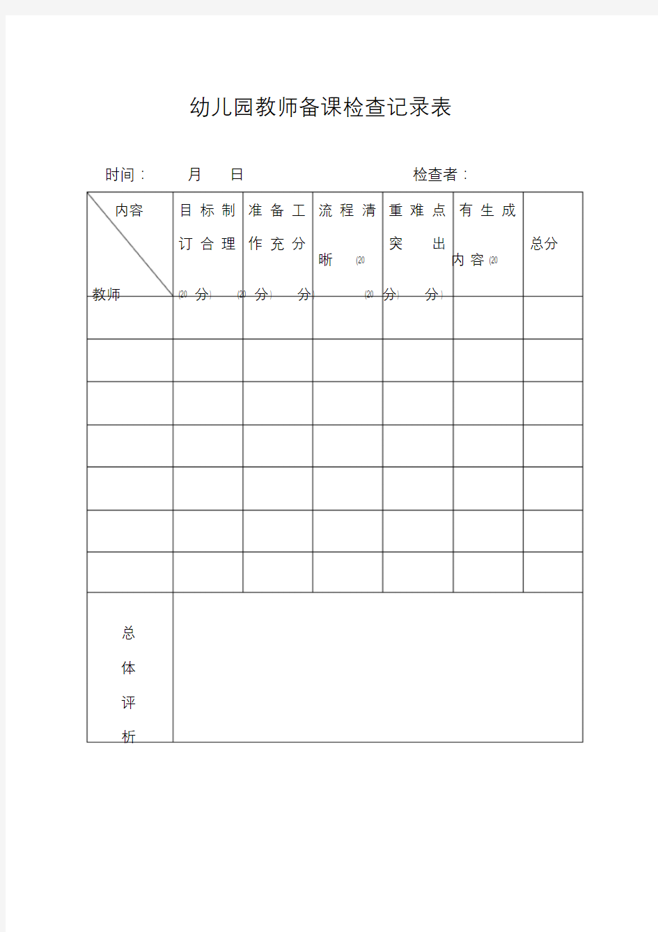 幼儿园教师备课检查记录表