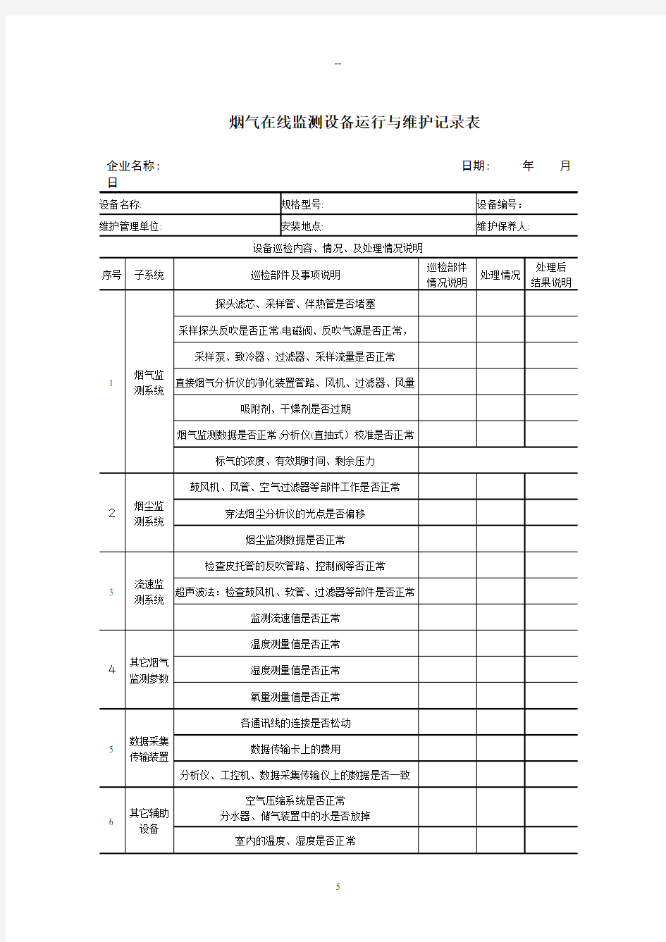 烟气在线监测设备运行与维护记录表