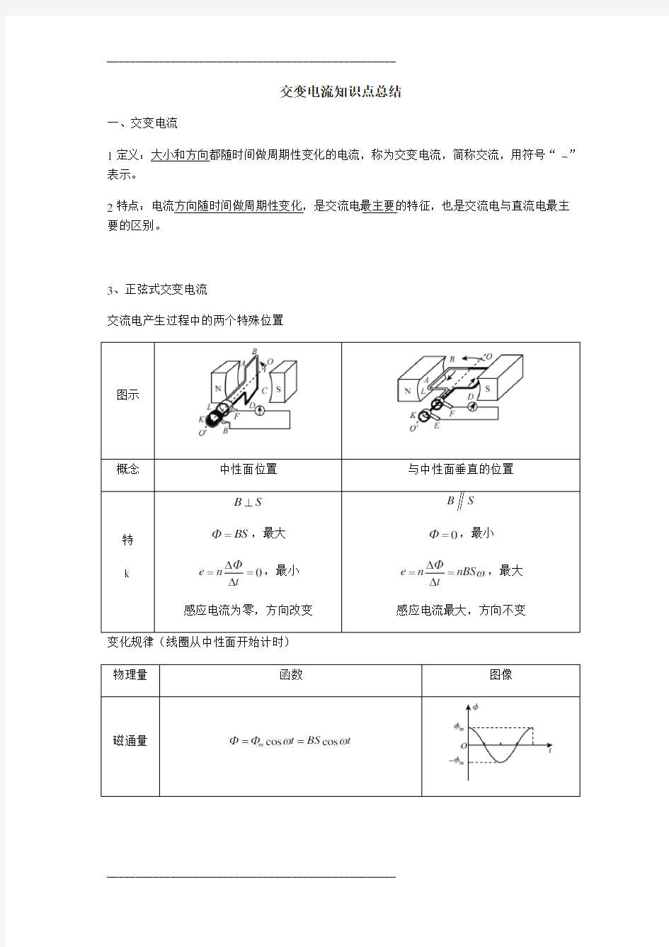 高中物理交变电流知识点总结