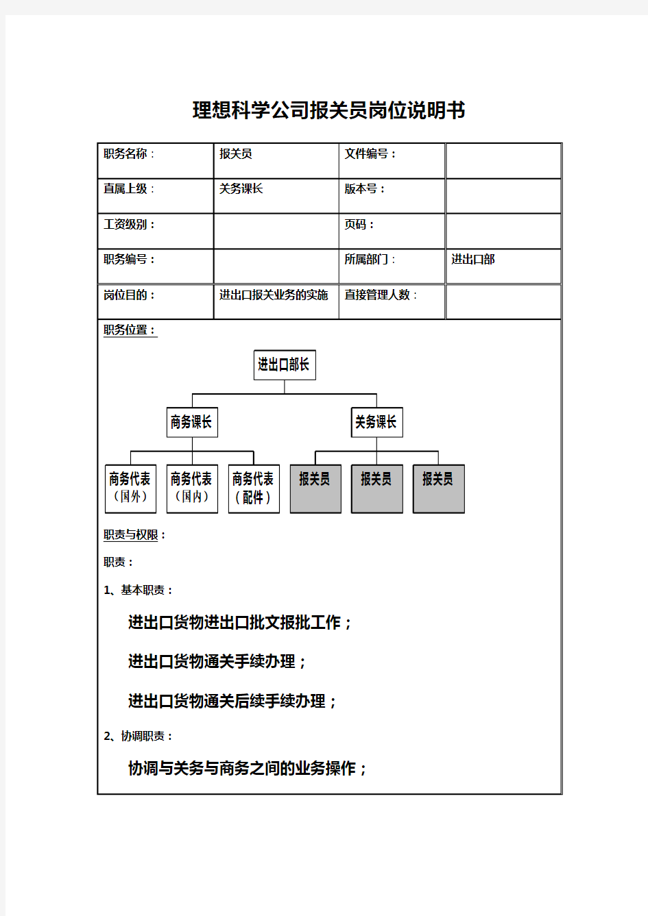 进出口部报关员岗位职责